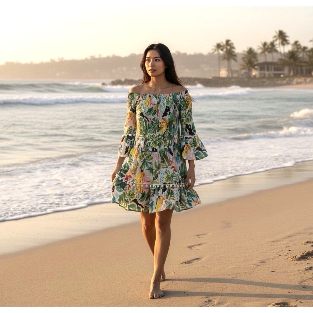 NEW! True Destinations Tropical Off Shoulder Dress Pom Pom SZ XL - Picture 2 of 10